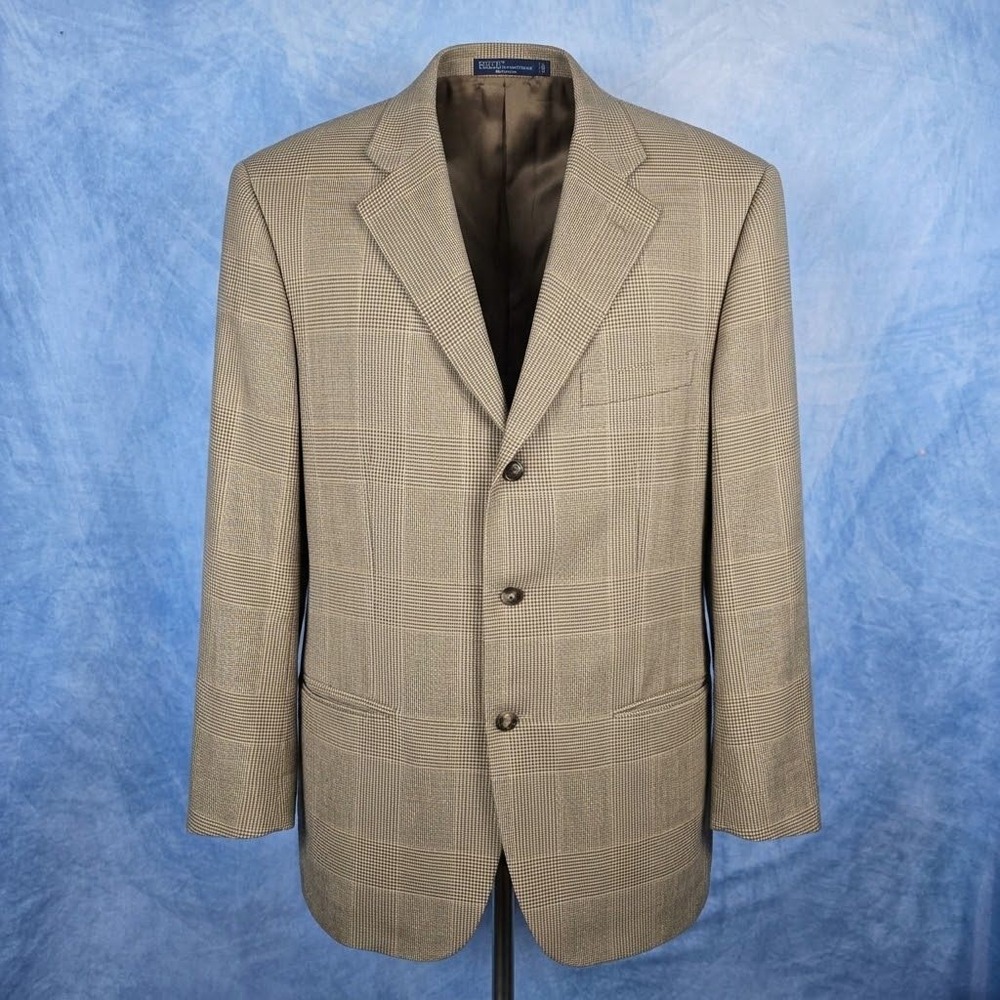 Polo Ralph Lauren Vintage Silk Blazer Mens 42R Glen Plaid Made in Italy Brown